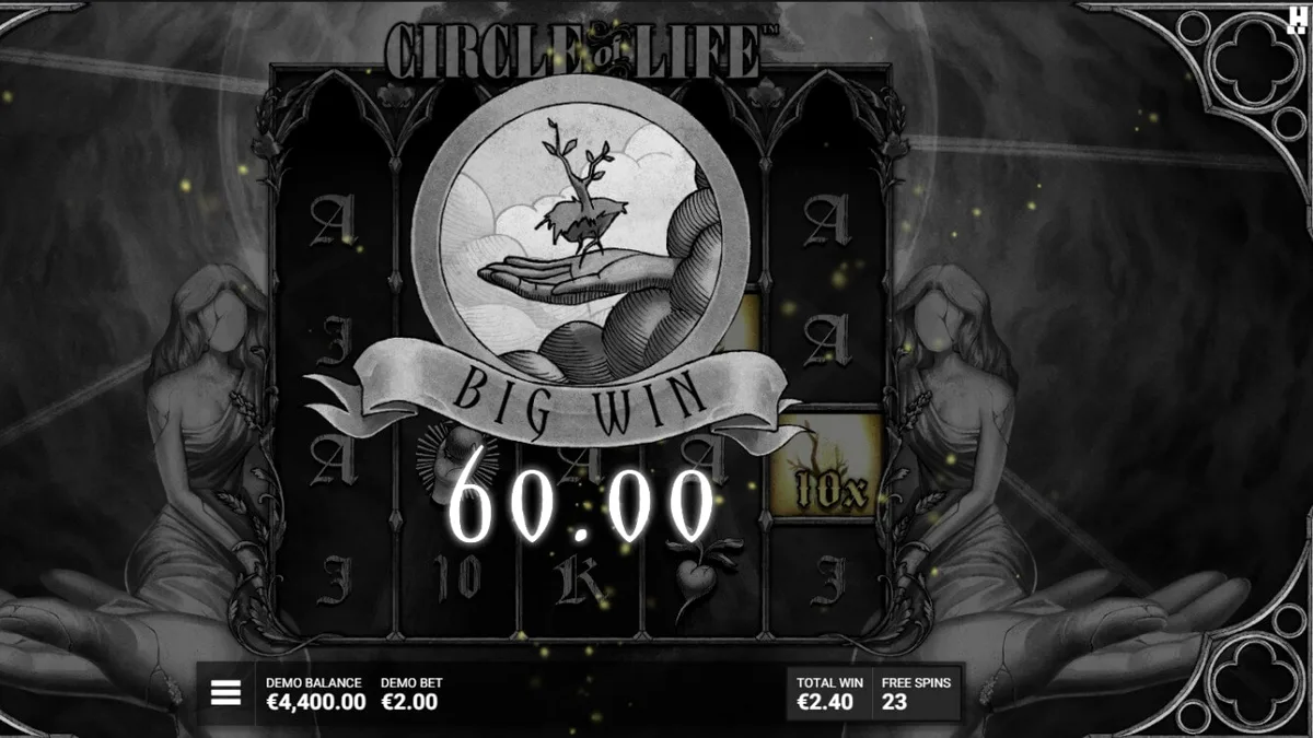 Tampilan visual slot Circle of Life dengan tema pohon kehidupan monokrom
