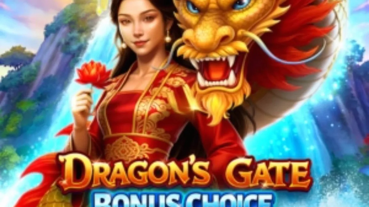 Tampilan visual slot Dragon’s Gate Bonus Choice dengan tema naga dan pegunungan