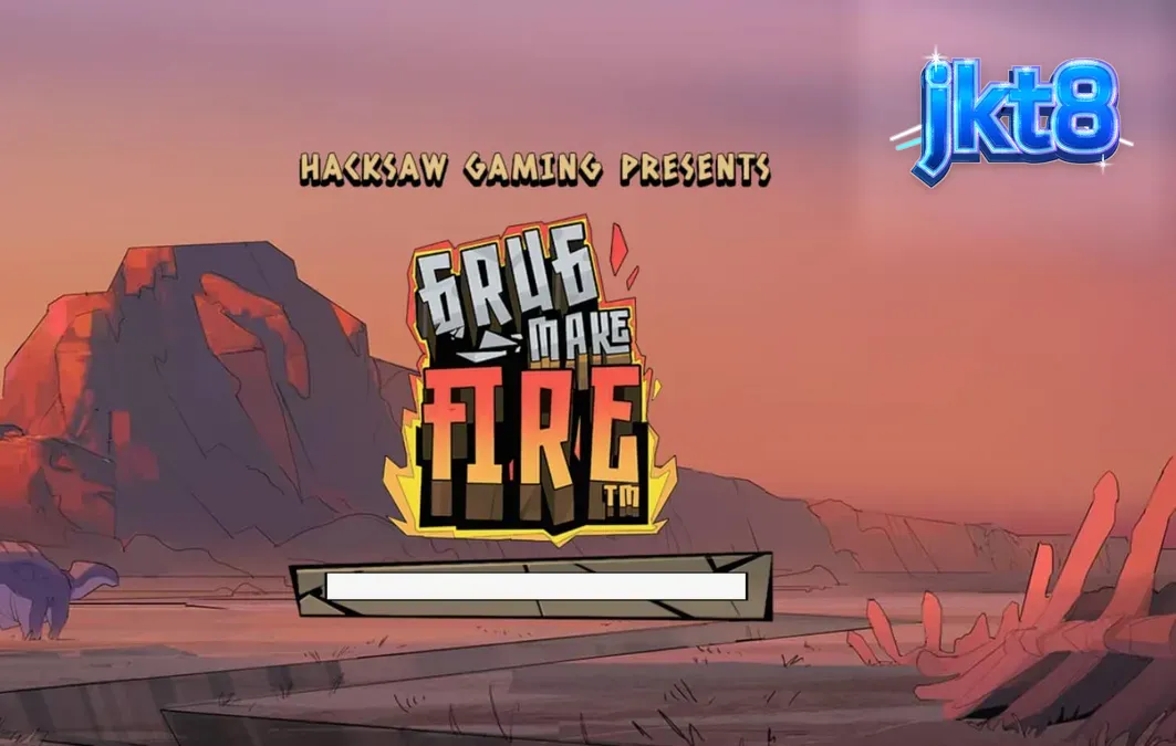 Tampilan visual slot Grug Make Fire dengan karakter gua dan elemen api